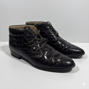Vintage Lace-Up Oxford Shoes Patent Croc Embossed Brown 7.5 Preppy Quiet Luxury‎